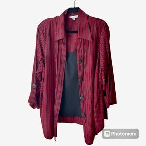 Dressbarn Button Up Blouse Built In Tank Shell Red/Black/Silver Striped Sz 22/24